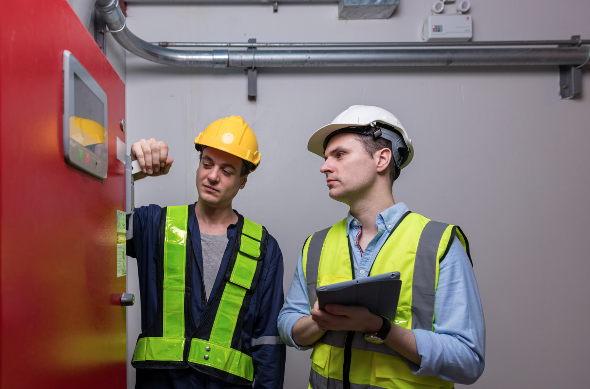 Inspector carrying out checks on an industrial fire alarm, with a worker
