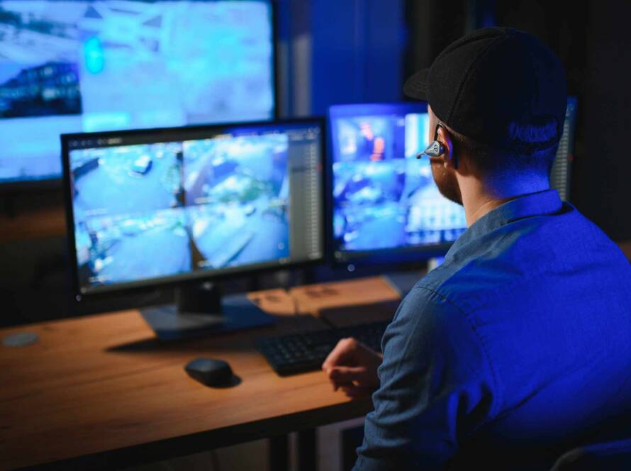 a security operative watches CCTV footage in a remote monitoring centre
