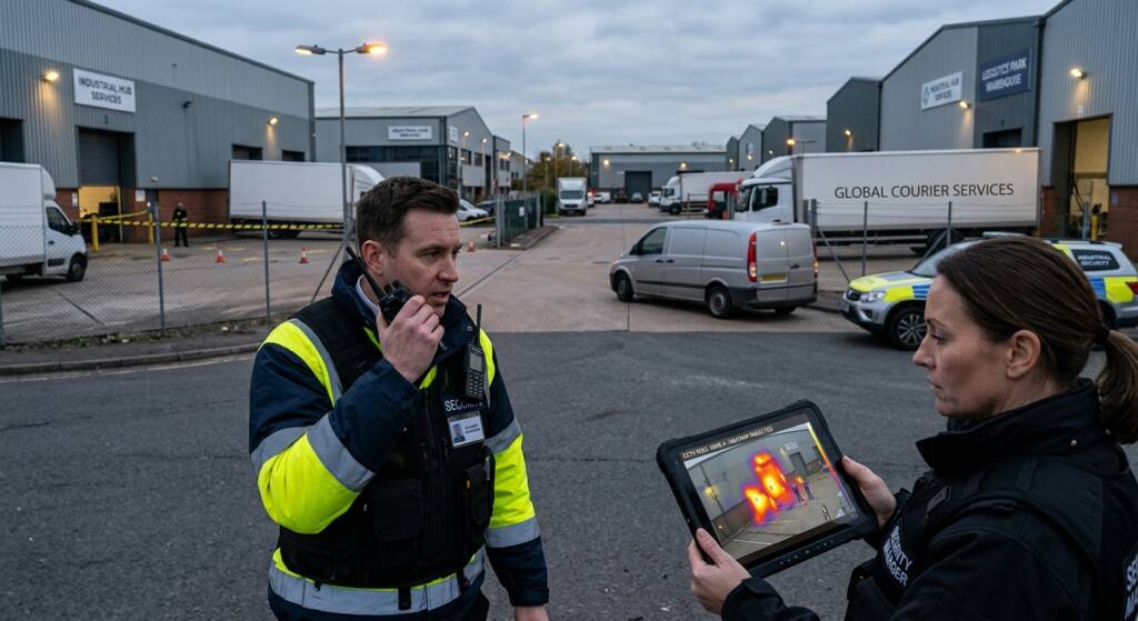 Security on a walkie talkie attending incident on industrial estate