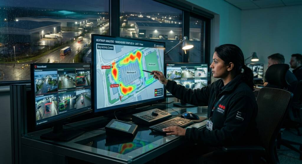 Security manager using CCTV analytics on an industrial estate with a heatmap