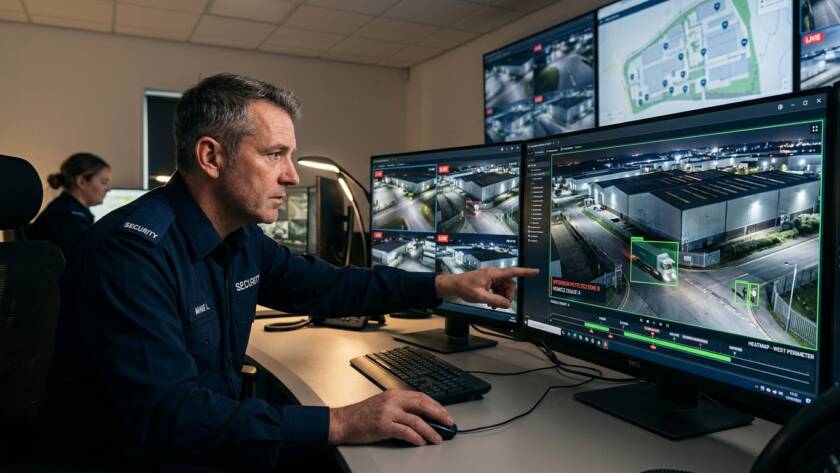 Security manager using CCTV analytics on an industrial estate