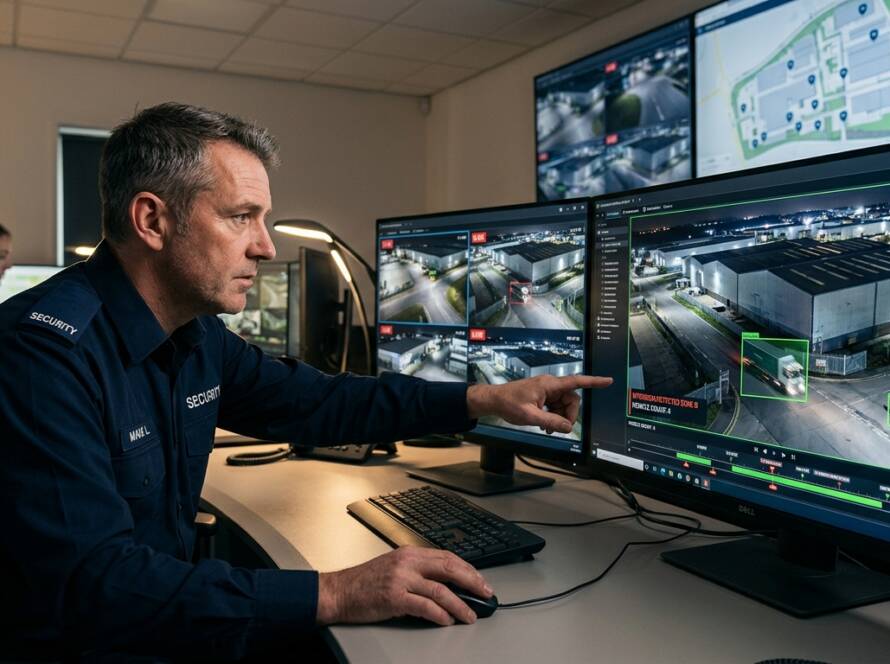 Security manager using CCTV analytics on an industrial estate