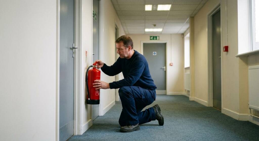 Fire assessor inspects fire extinguisher expiration date