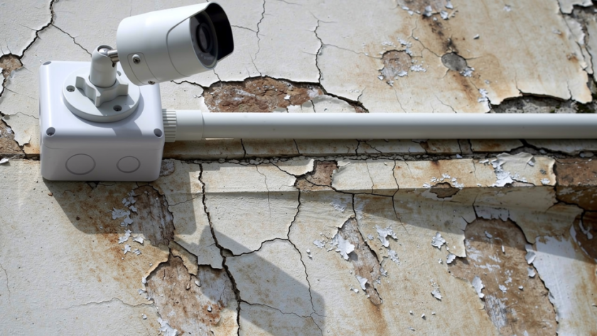 CCTV camera on dilapidated wall