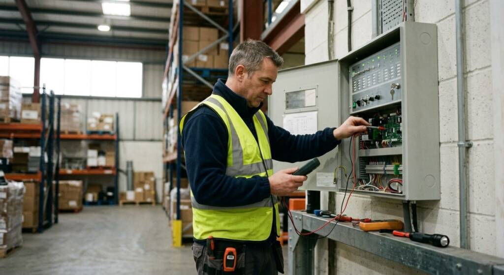 Inspector tests fire alarm unit in industrial setting
