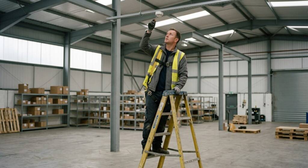 Checking fire alarm from a stepladder
