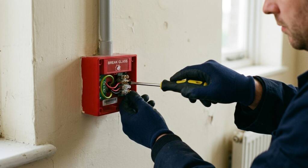 Using a screwdriver to check components in a fire alarm