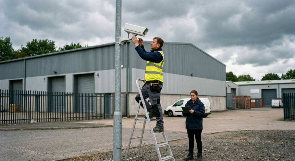 Technicians install and calibrate ANPR security cameras to monitor vehicle access at a Coventry logistics hub.