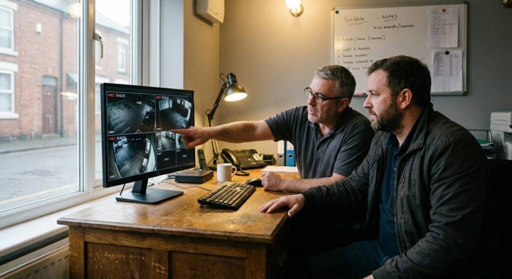 A Coventry commercial client inspects clear digital security camera footage following a full system modernisation.